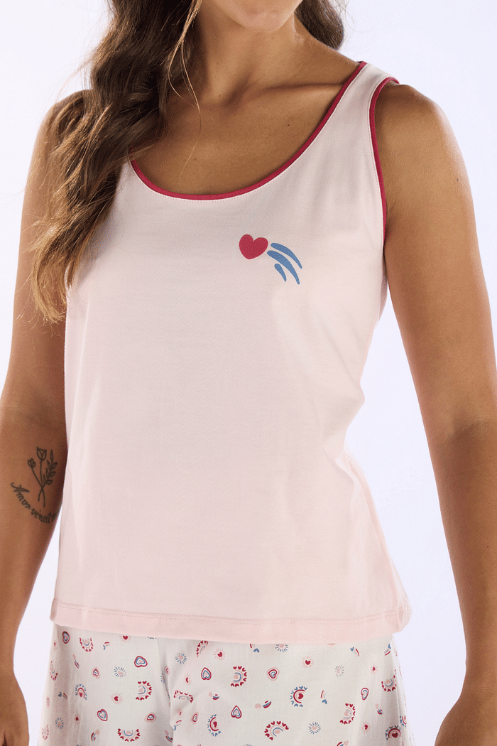 PIJAMA REGATA EM MEIA MALHA COM SHORTS EM MALHA ROTATIVA FEMININO 