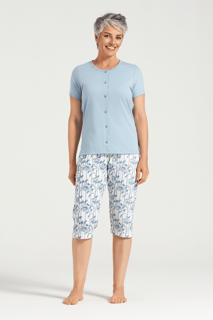 PIJAMA MEIA MANGA ABERTURA FRONTAL COM CAPRI EM MEIA MALHA FEMININO