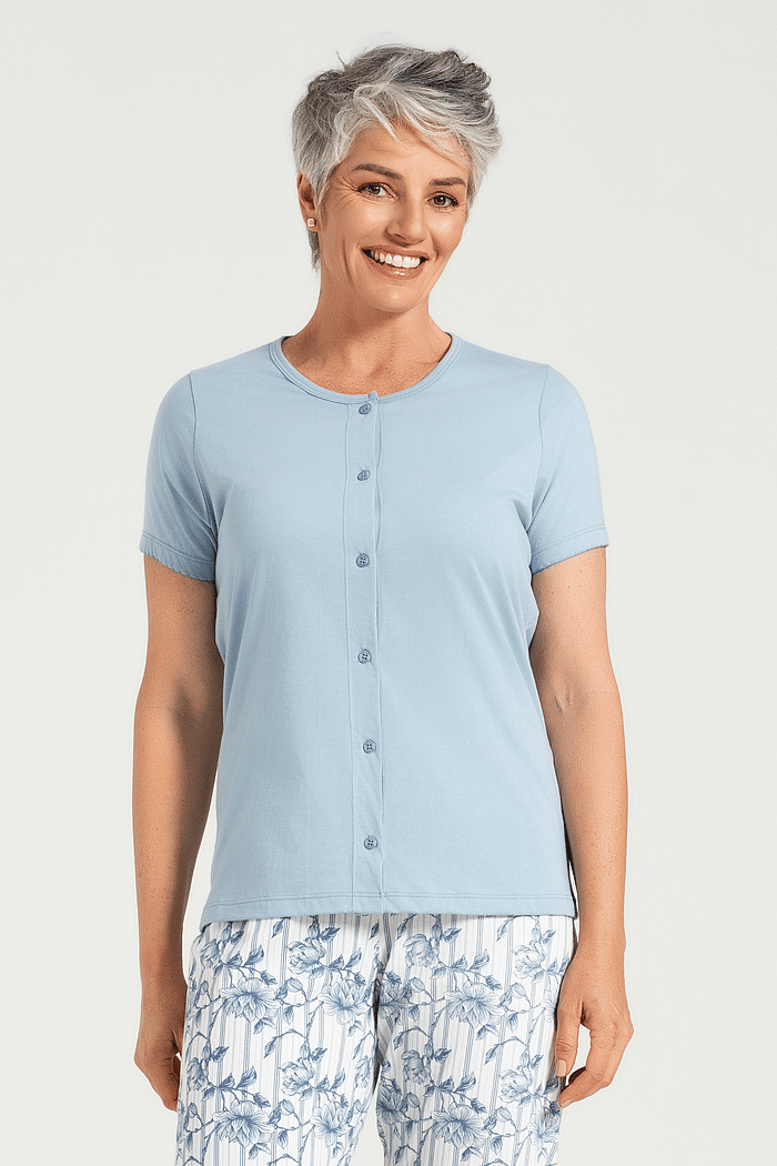 PIJAMA MEIA MANGA ABERTURA FRONTAL COM CAPRI EM MEIA MALHA FEMININO