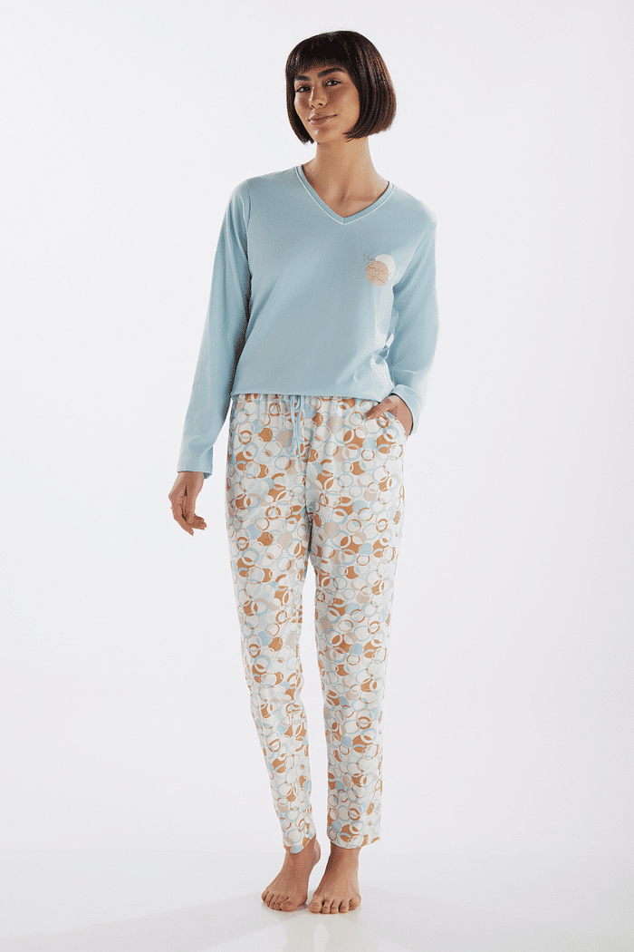 PIJAMA MANGA LONGA EM MEIA MALHA COM CALCA EM MALHA ROTATIVA FEMININO 