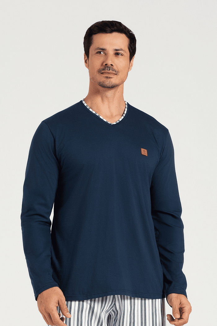 PIJAMA MANGA LONGA EM MEIA MALHA COM CALCA EM MALHA ROTATIVA MASCULINO 