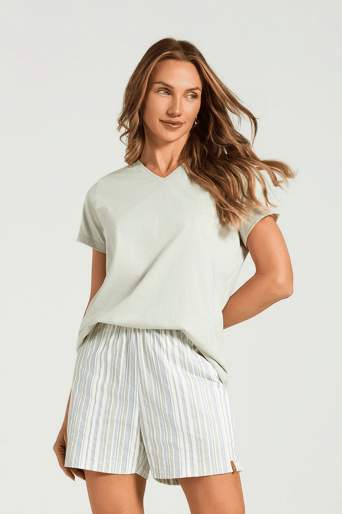 PIJAMA MEIA MANGA EM MEIA MALHA COM SHORTS EM MALHA ROTATIVA FEMININO 