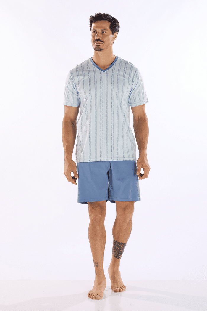 PIJAMA MEIA MANGA EM MALHA ROTATIVA COM BERMUDA EM MEIA MALHA MASCULINO