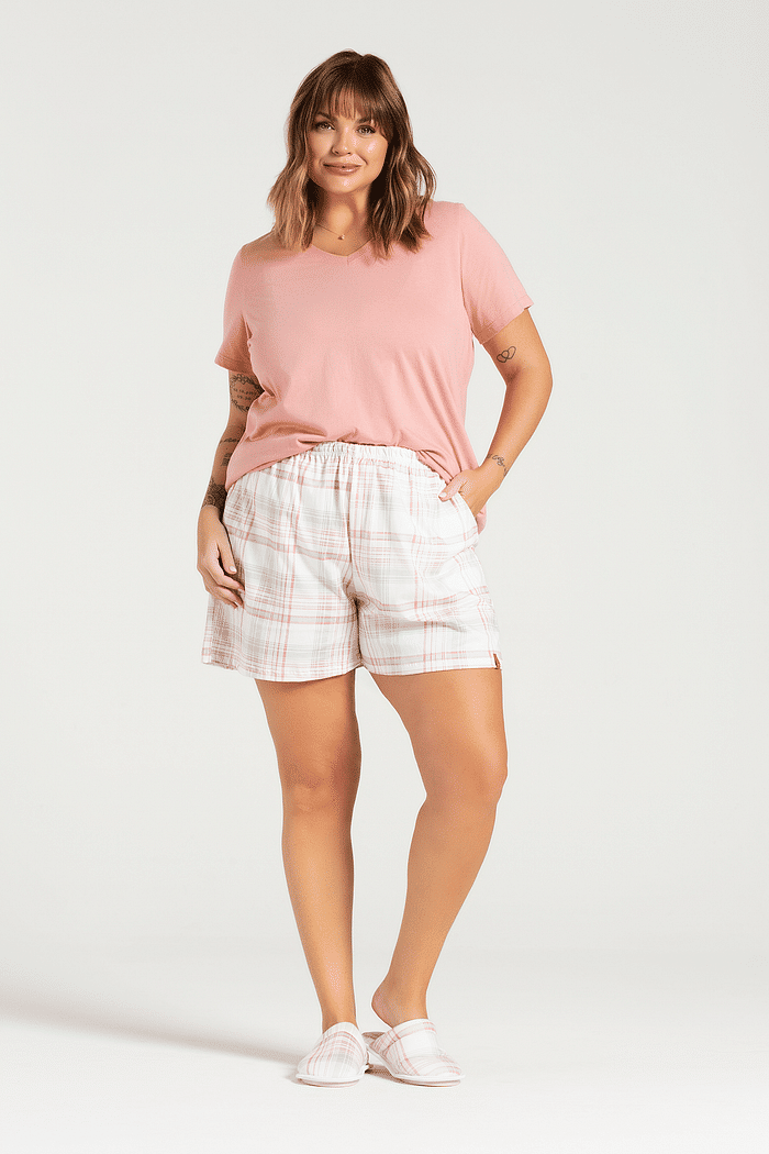 PIJAMA MEIA MANGA COM SHORTS EM MEIA MALHA PLUS SIZE FEMININO