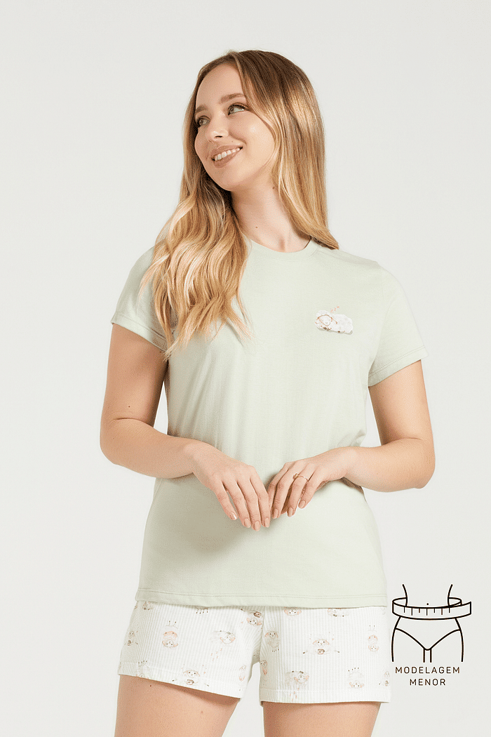 PIJAMA MEIA MANGA EM MEIA MALHA COM SHORTS EM MALHA ROTATIVA FEMININO 