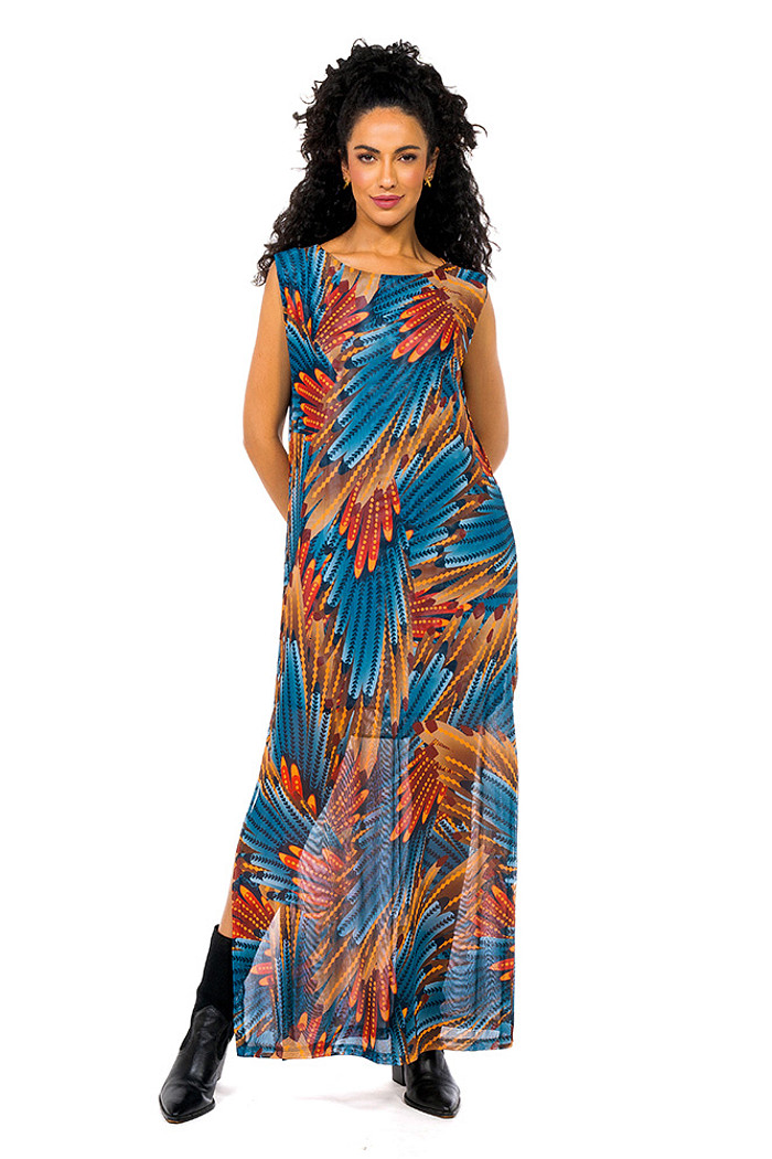 Vestido Estampado Tule Maré Arara Paraiso Floral