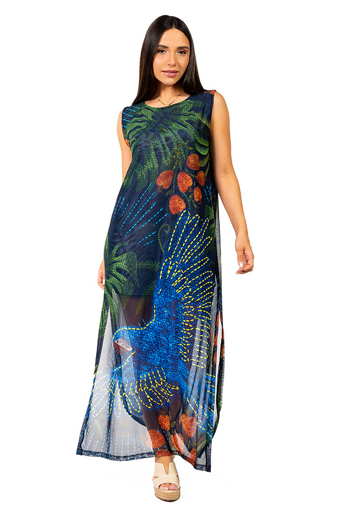 Vestido Estampado Tule Maré Arara Bordado Barra