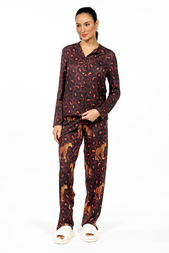 Conjunto Pijama Americano Longo Adulto Onças Animal Print
