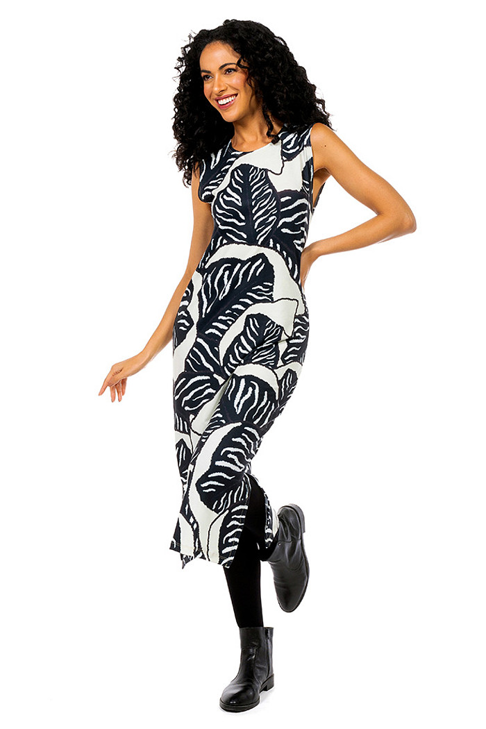 Vestido Estampado Clássico Midi Folhagens P&B