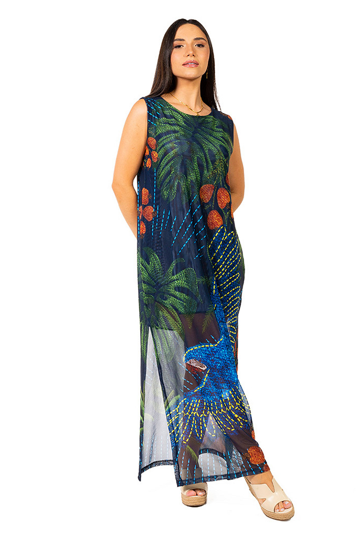 Vestido Estampado Tule Maré Arara Bordado Barra