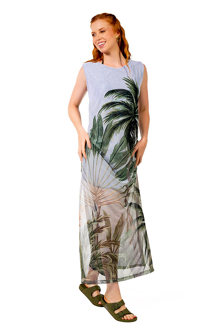 Vestido Estampado Tule Maré Palmeiras 