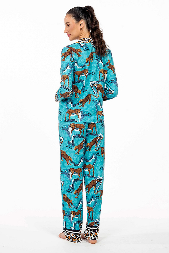 Conjunto Pijama Americano Longo Adulto Onças Ondas