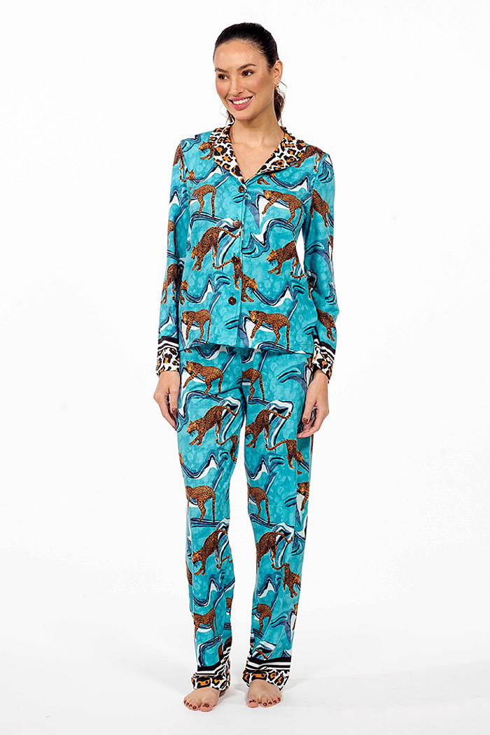 Conjunto Pijama Americano Longo Adulto Onças Ondas