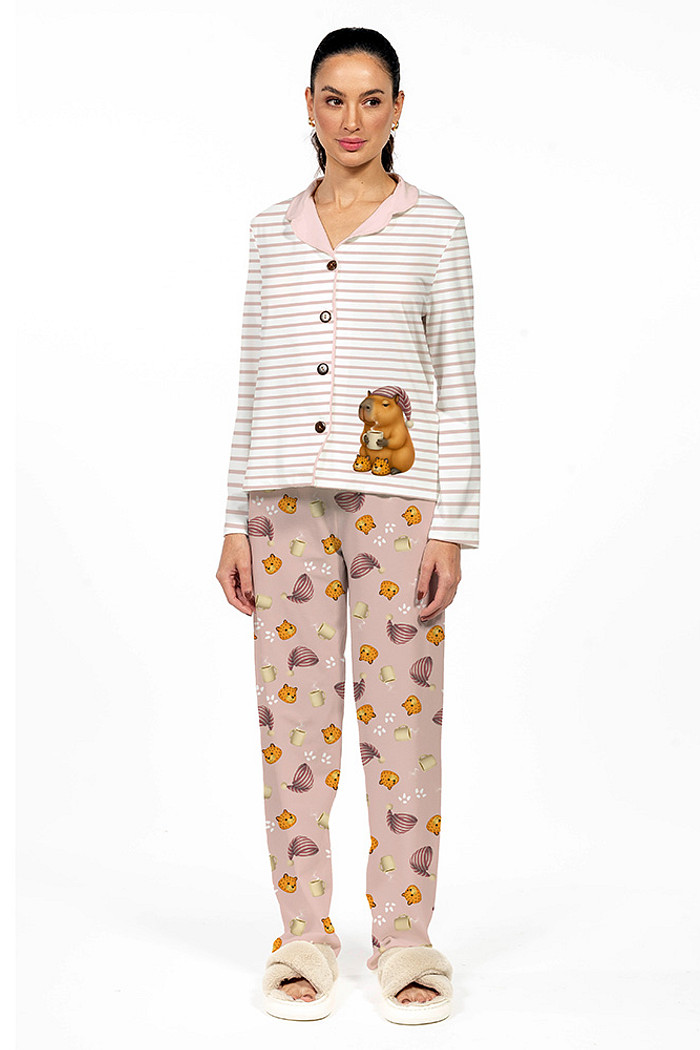 Conjunto Pijama Americano Longo Adulto Capivara Touca Rosa