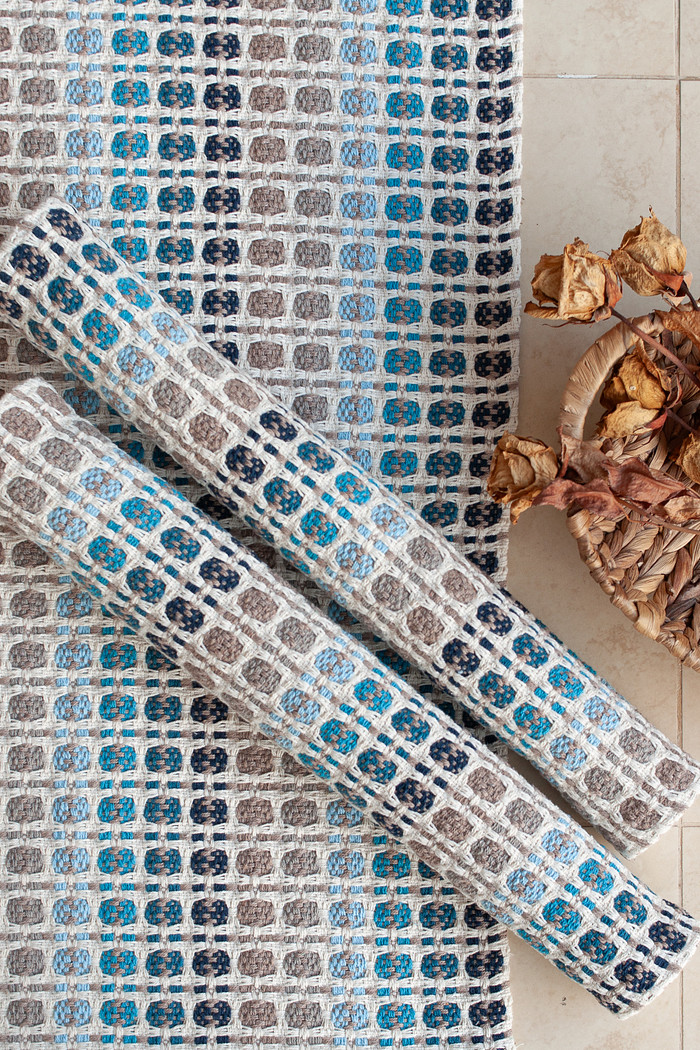 Kit de Cozinha 3 Peças Algodão Indiano Azul e Bege