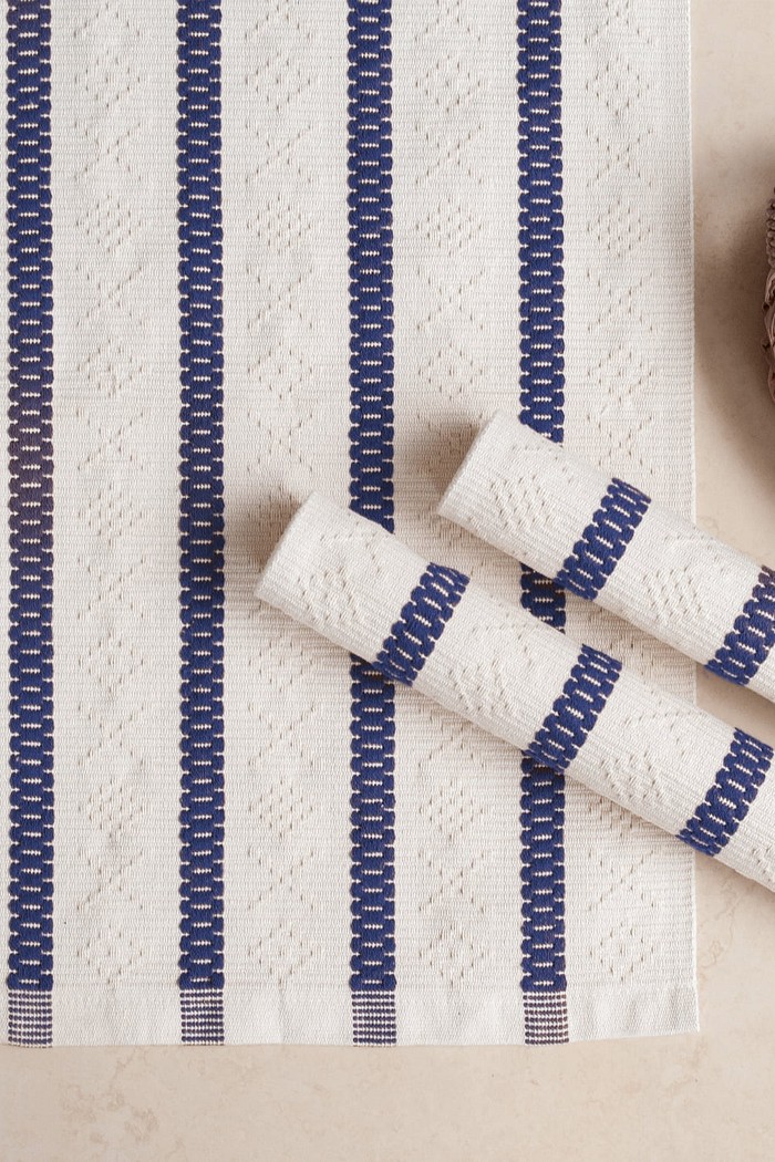 Jogo de Tapete Passadeira 3 Peças Algodão Veneza Cru e Marinho