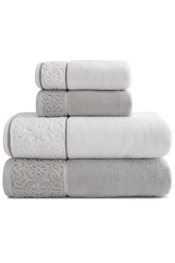 Jogo de Toalha Banhão 500g 4 peças Super Soft Zero Twist Arabesco - Branco e Cinza