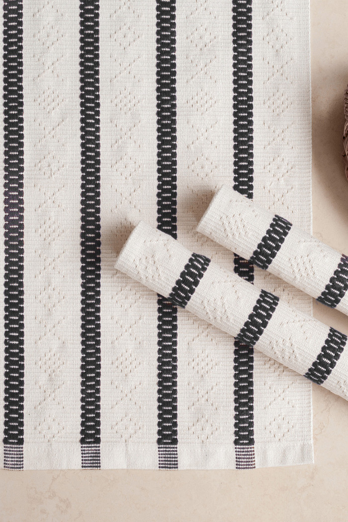 Jogo de Tapete Passadeira 3 Peças Algodão Veneza Cru e Preto