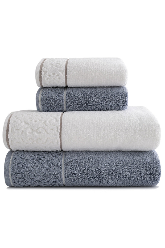 Jogo de Toalha Banhão 500g 4 peças Super Soft Zero Twist Arabesco - Branco e Azul