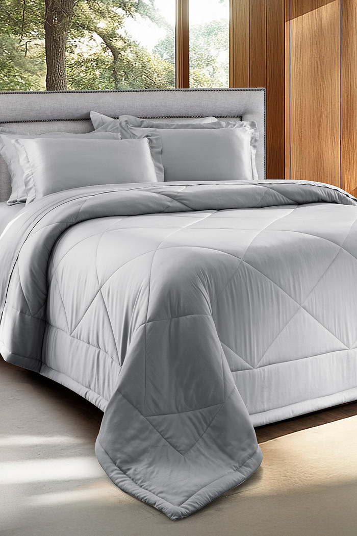 Kit Colcha Super King 100% Bambu 300 Fios Luxo Cinza