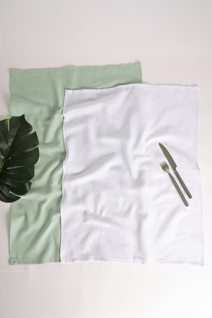 Kit Pano de Prato Copa Luiza 100% Algodão Premium 48x75 cm 2 peças - Verde Agua e Branco