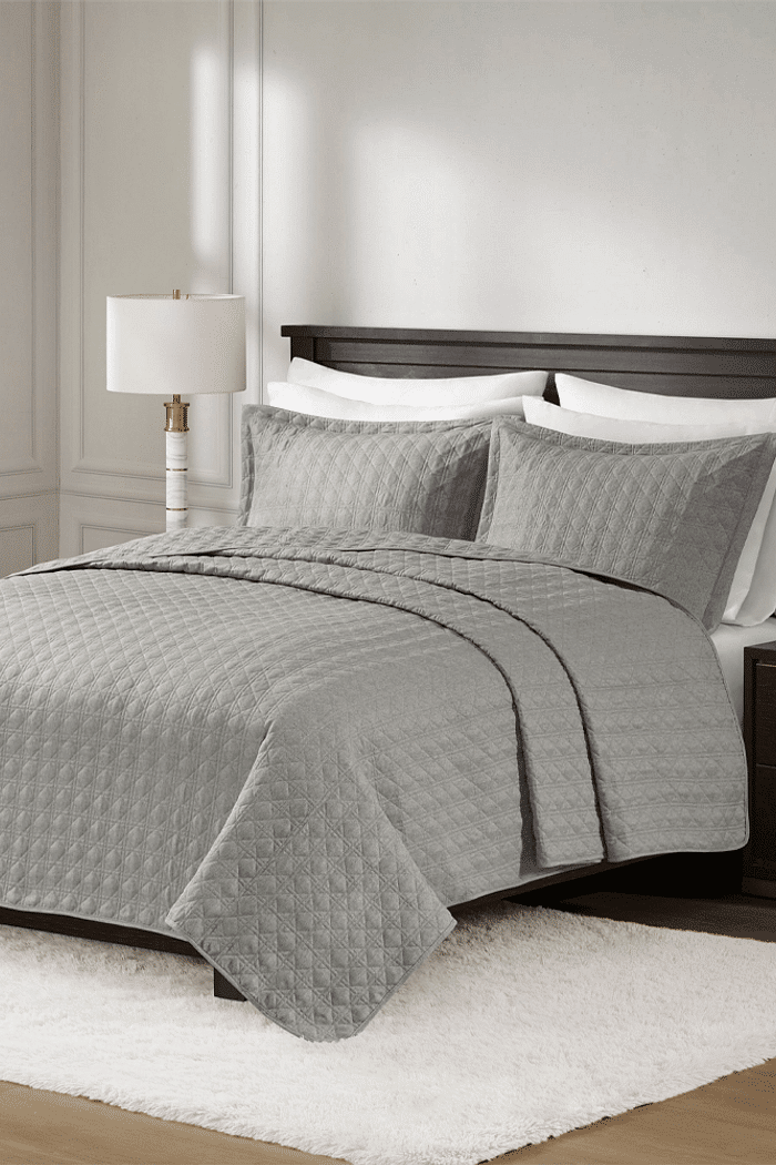 Kit Colcha Super King Efeito Linho Matelassê Costurado Alta Gramatura - Cinza