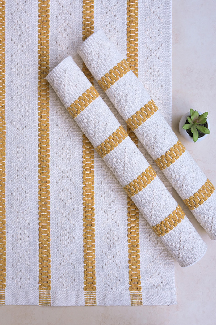 Jogo de Tapete Passadeira 3 Peças Algodão Veneza Cru e Mostarda