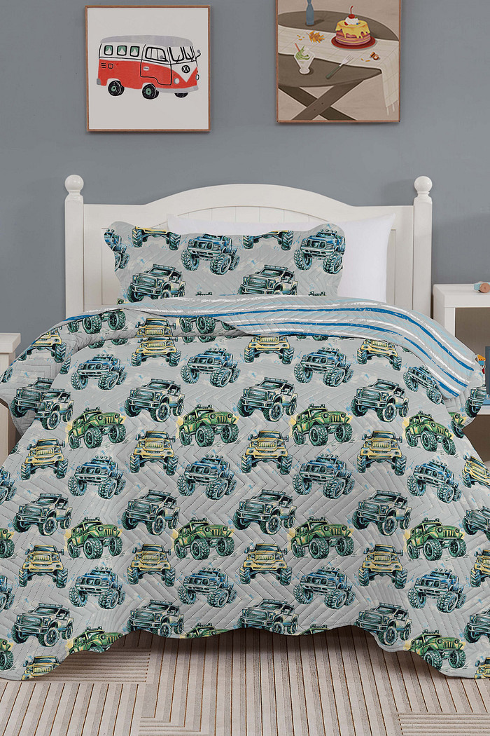 Kit Cobre Leito Colcha Infantil 2 Peças Solteiro Estampada - Truck
