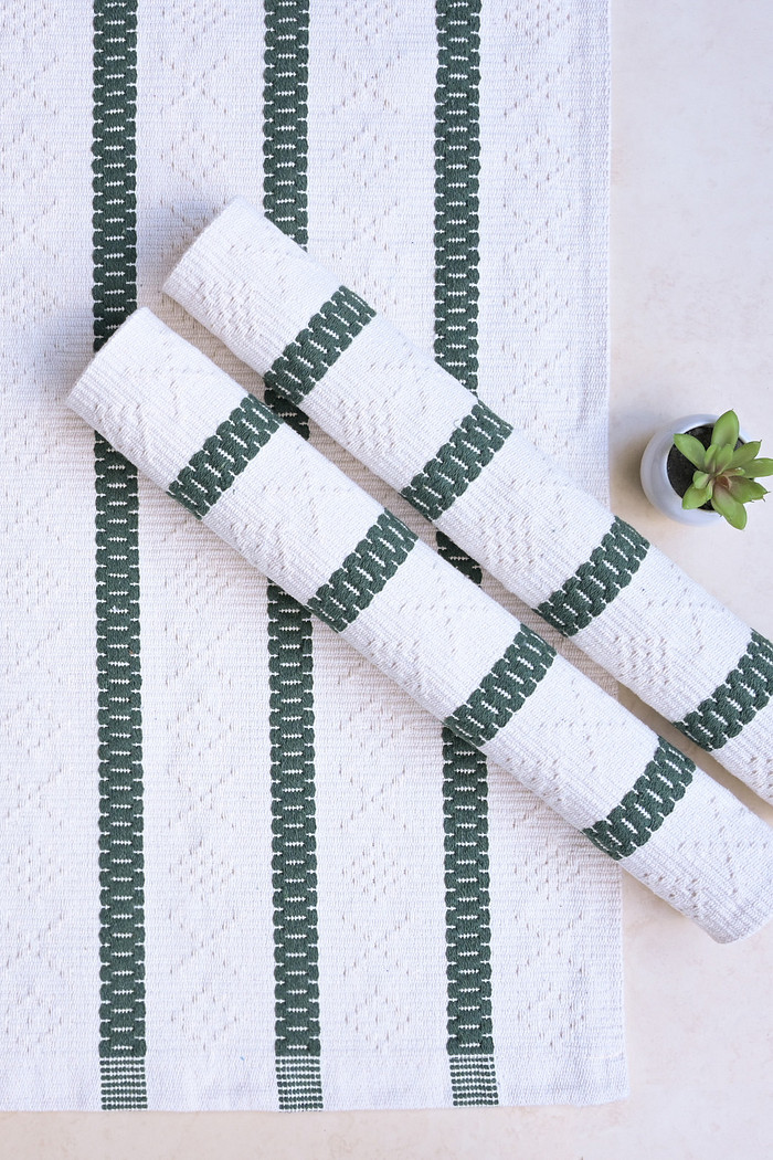 Jogo de Tapete Passadeira 3 Peças Algodão Veneza Cru e Verde