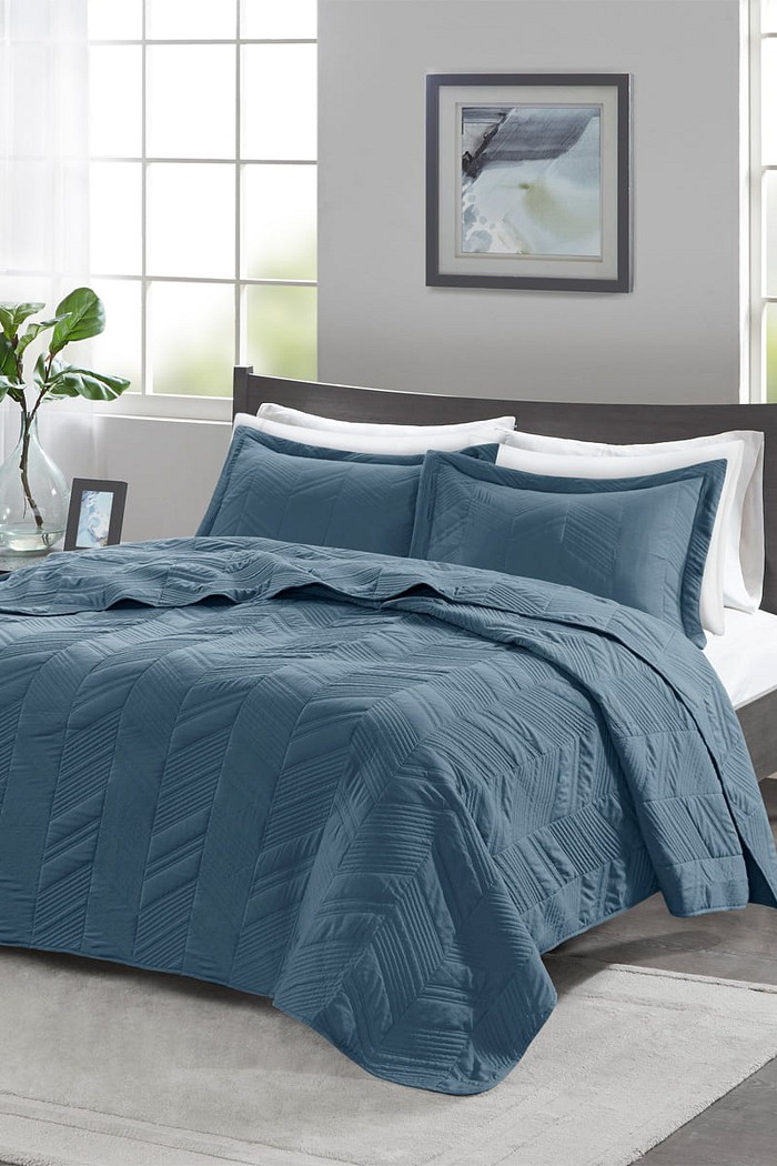 Kit Colcha King Golden Toque de Pessego Costurada Lotus - Azul