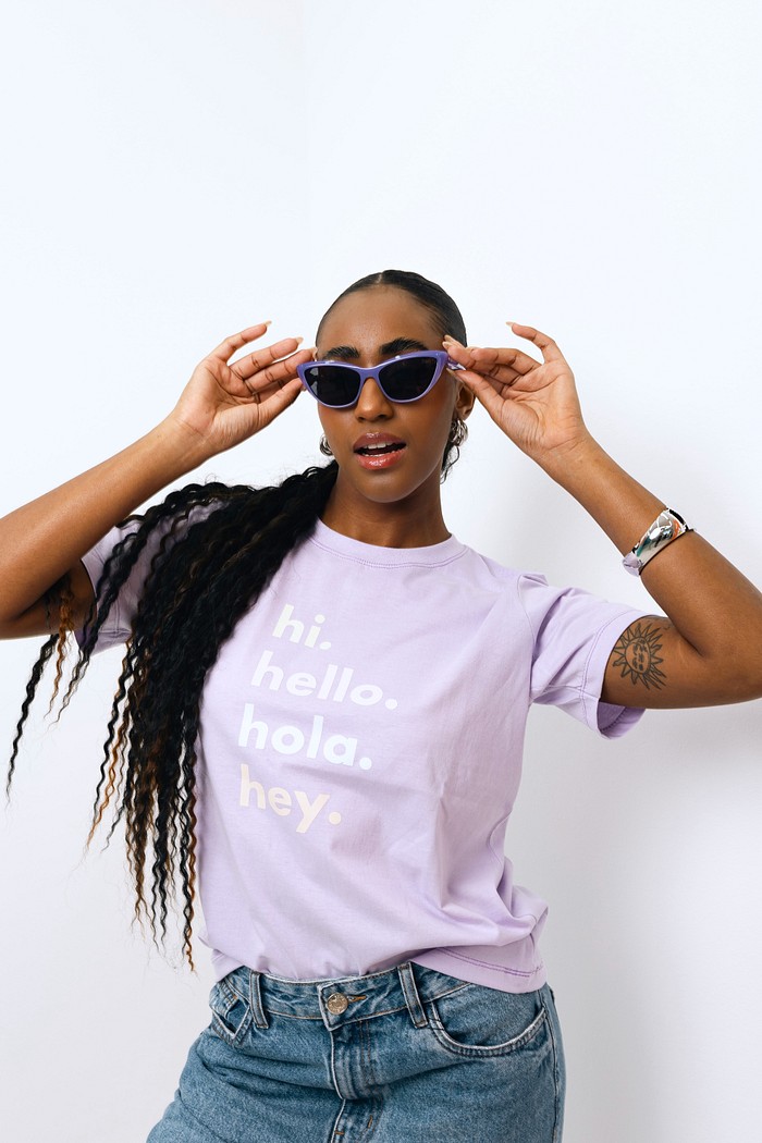 T-shirt hi. hello. hola. hey