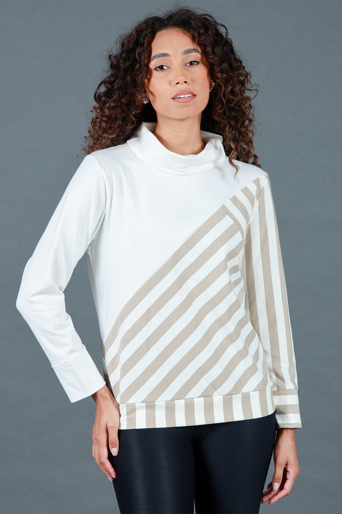 Blusa Feminina Manga Longa Gola Alta Off White Listras