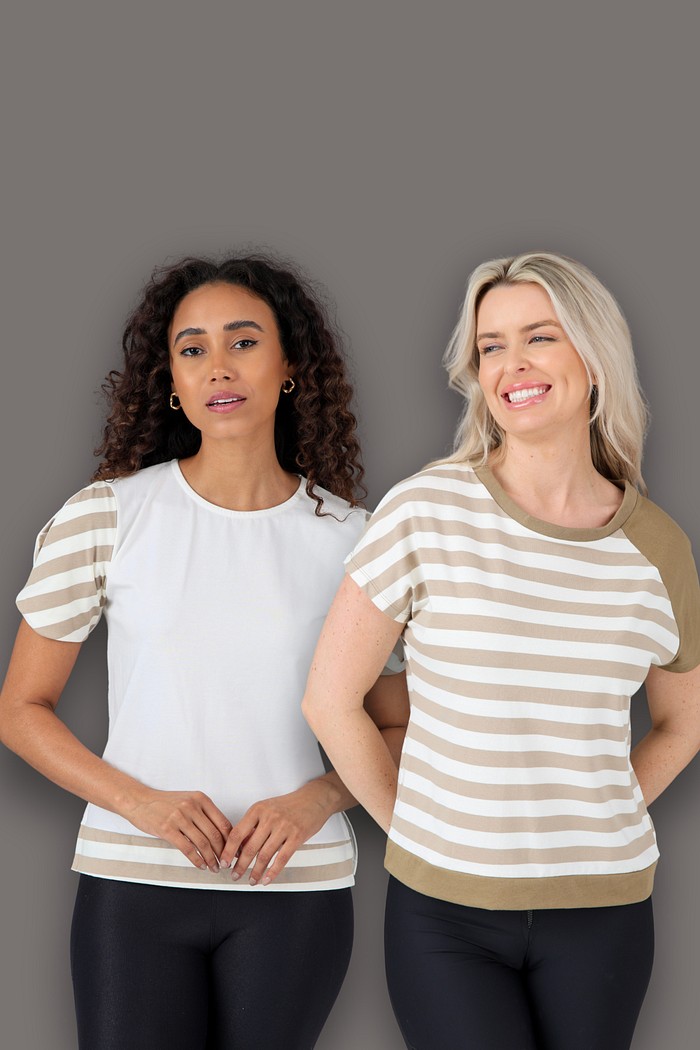 Kit Listradas - 1 Blusa Feminina Listrada Caqui + Blusa Feminina Manga Listrada Torcida