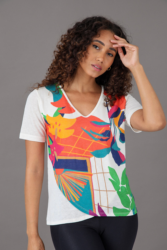 Blusa Feminina Linho Frente Dupla Estampada