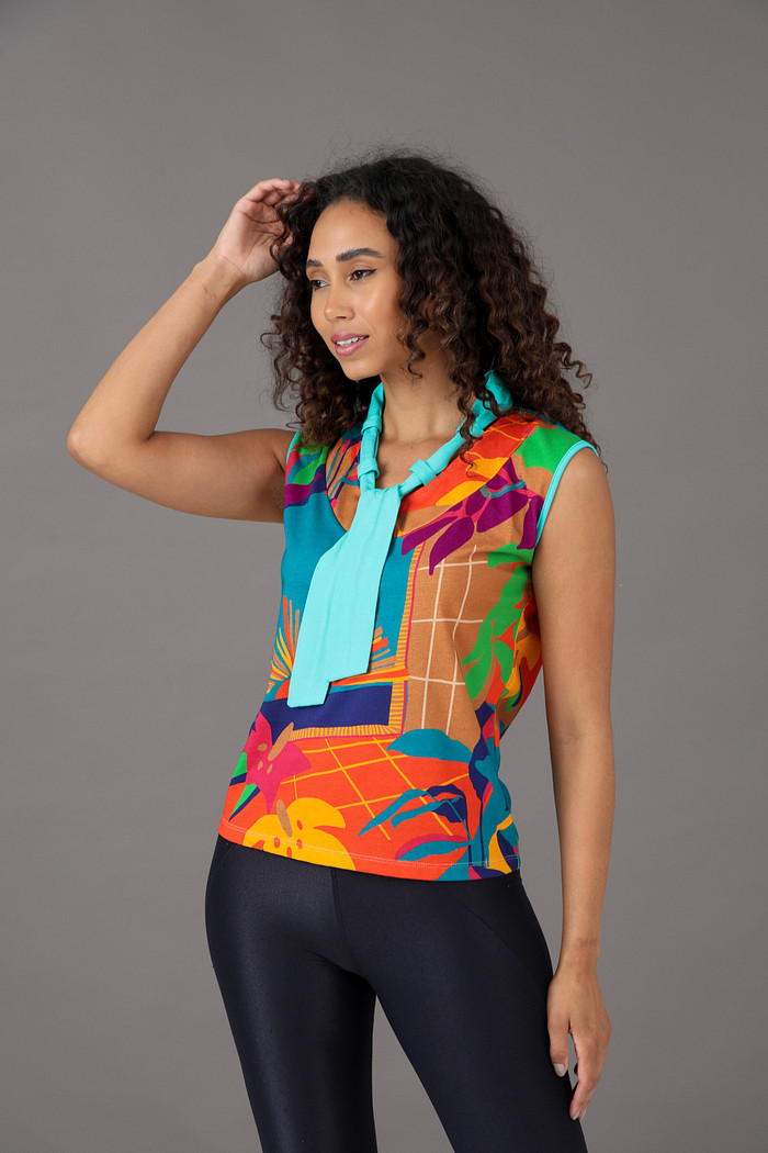 Blusa Feminina Estampada Decote Com Gravata Verde