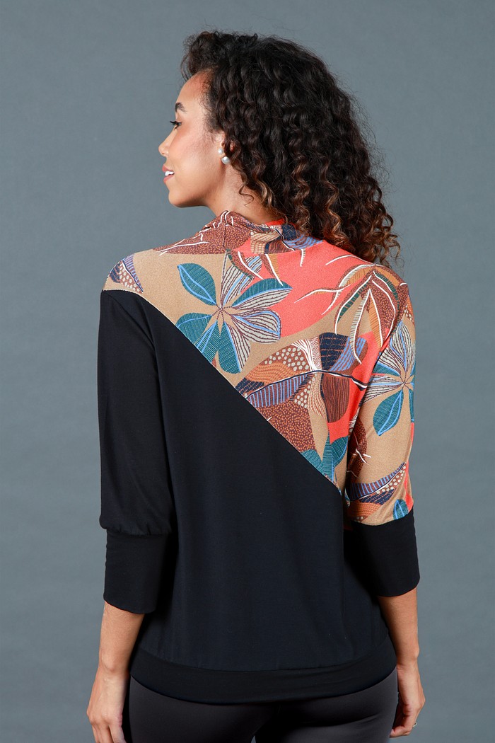 Blusa Feminina 7/8 Estampa Diagonal Preta