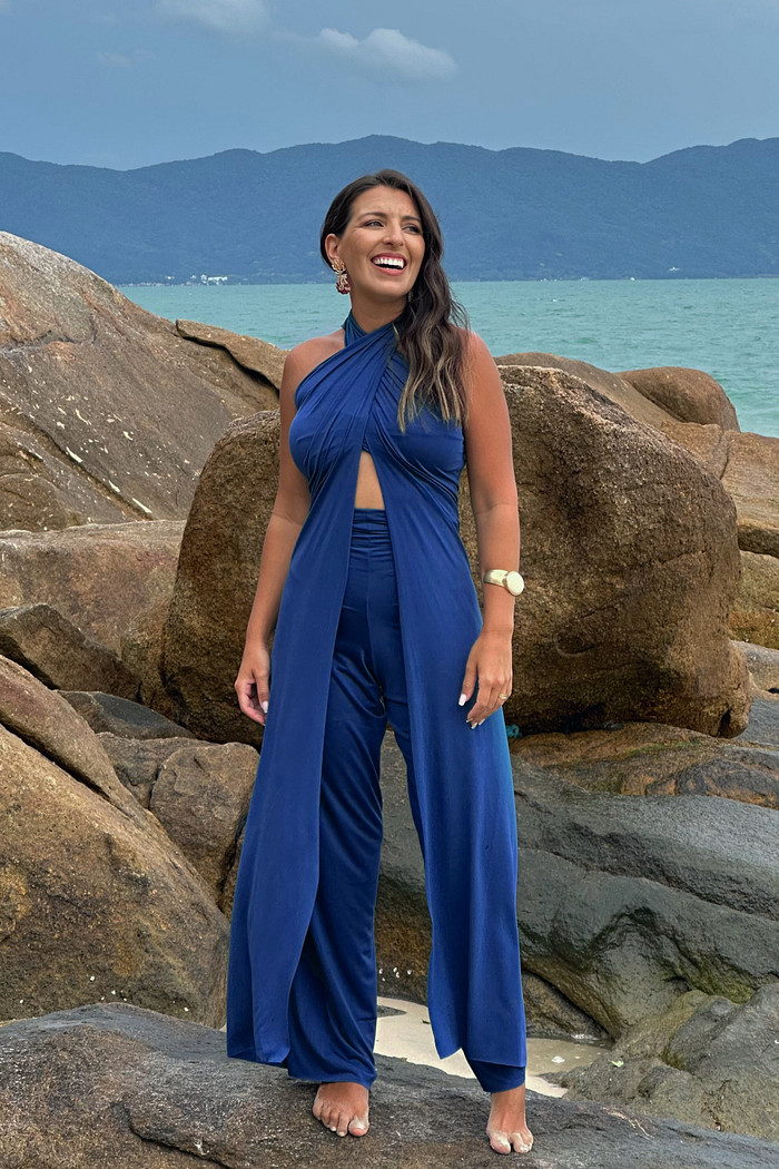 Conjunto calça macacão & top azul marinho