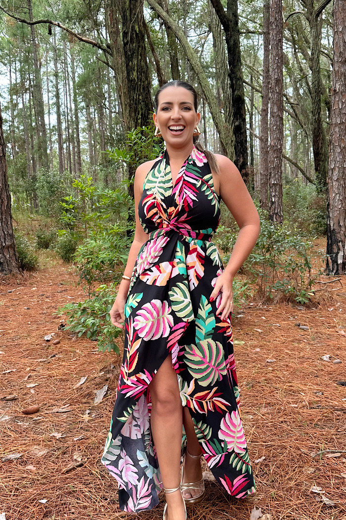 Conjunto saída 1001 formas longo & top florada preta