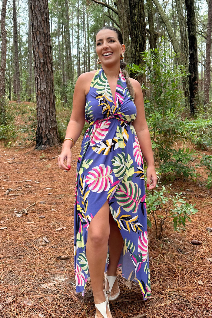 Conjunto saída 1001 formas longo & top florada roxa