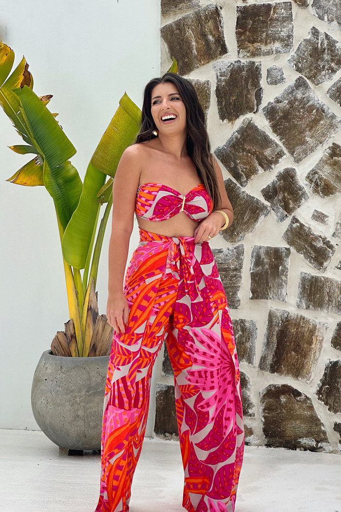 Conjunto calça macacão e top flora laranja