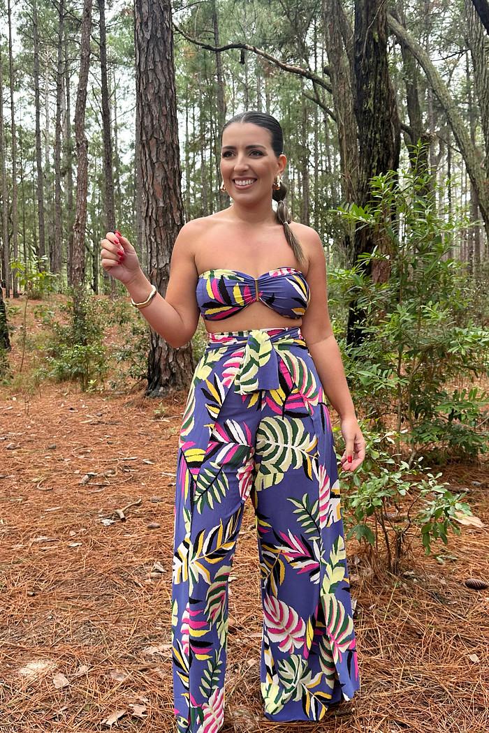 Conjunto calça macacão e top florada roxo