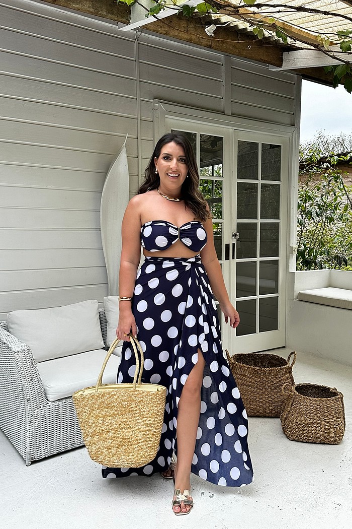 Conjunto saída 1001 formas longa & top poá azul marinho