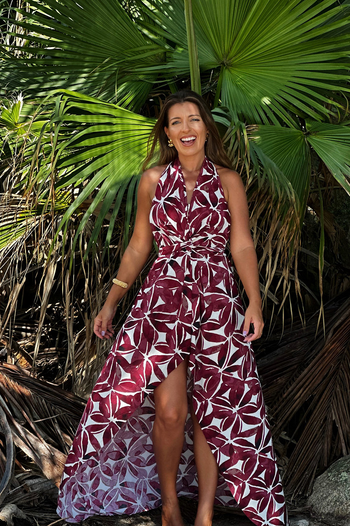 conjunto saída 1001 formas longa  floral bordô