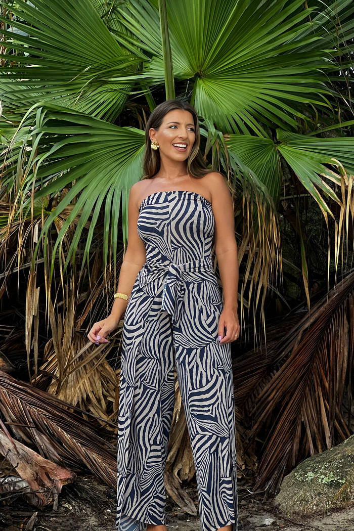 Conjunto calça macacão zebrado azul