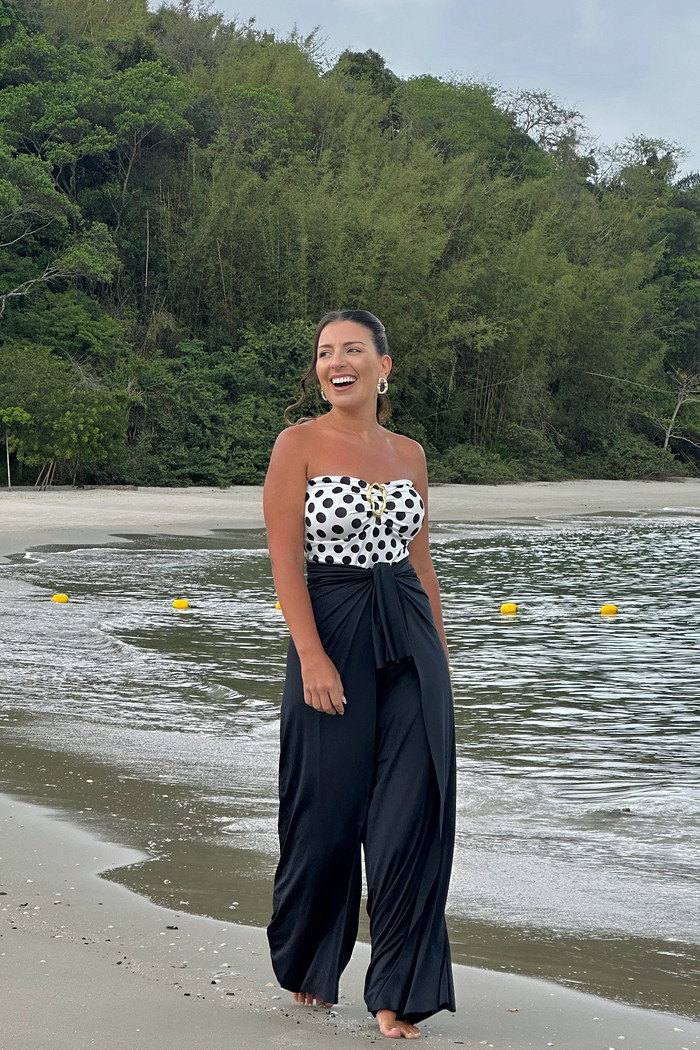 Conjunto calça macacão & maiô poá