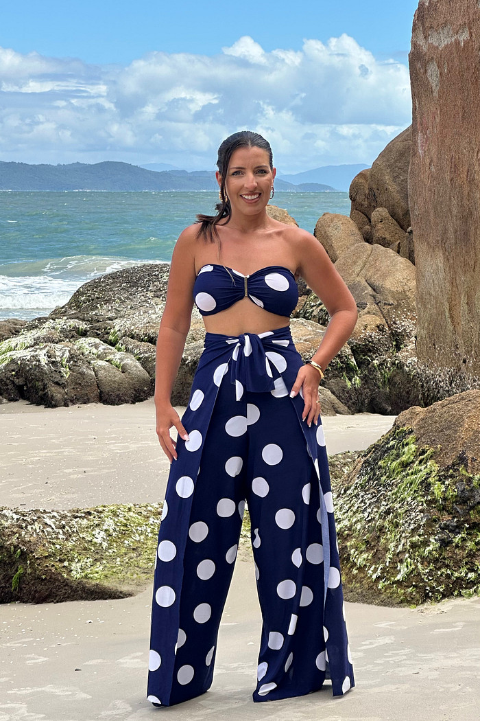 Conjunto Calça Macacão Poá azul marinho