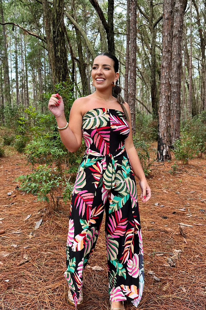 Conjunto calça macacão e top florada preto