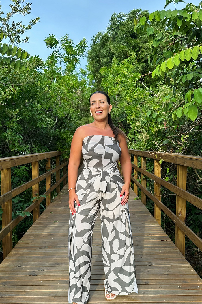 Conjunto calça macacão & top sombra natural