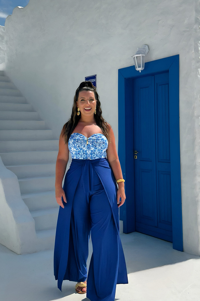 Conjunto calça macacão & maiô azulejos azul