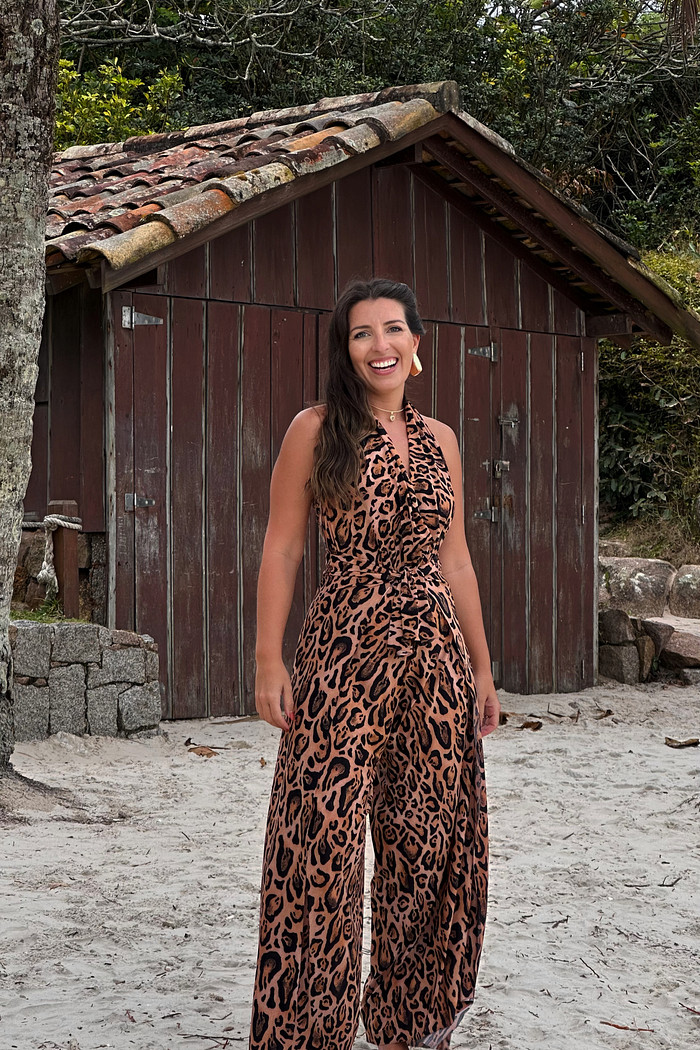 Conjunto calça macacão & top estampado onça